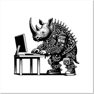 Punk Rock Goth Rhino on Computer Vintage Style Posters and Art